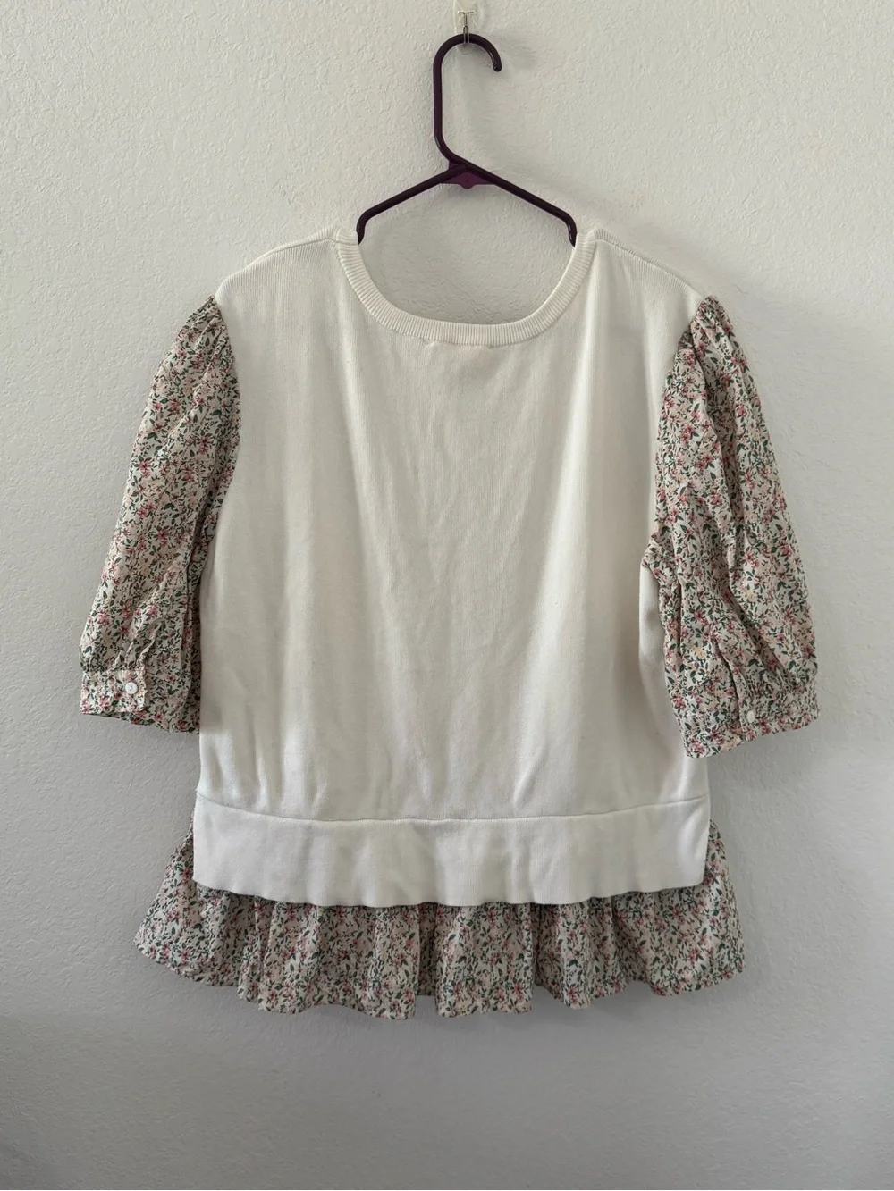 Anthropologie Floral Poplin Puff-Sleeve Peplum Top - White / Multi